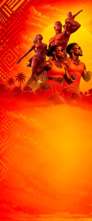 Affiche Origin Teranga 2026 : des athlètes courent vers le soleil devant le monument de la Renaissance africaine, sur fond de motifs géométriques.